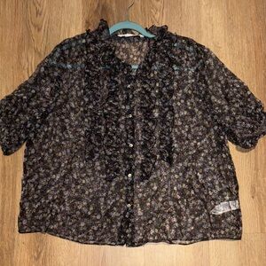 Zara Sheer Black Floral Ruffle Blouse